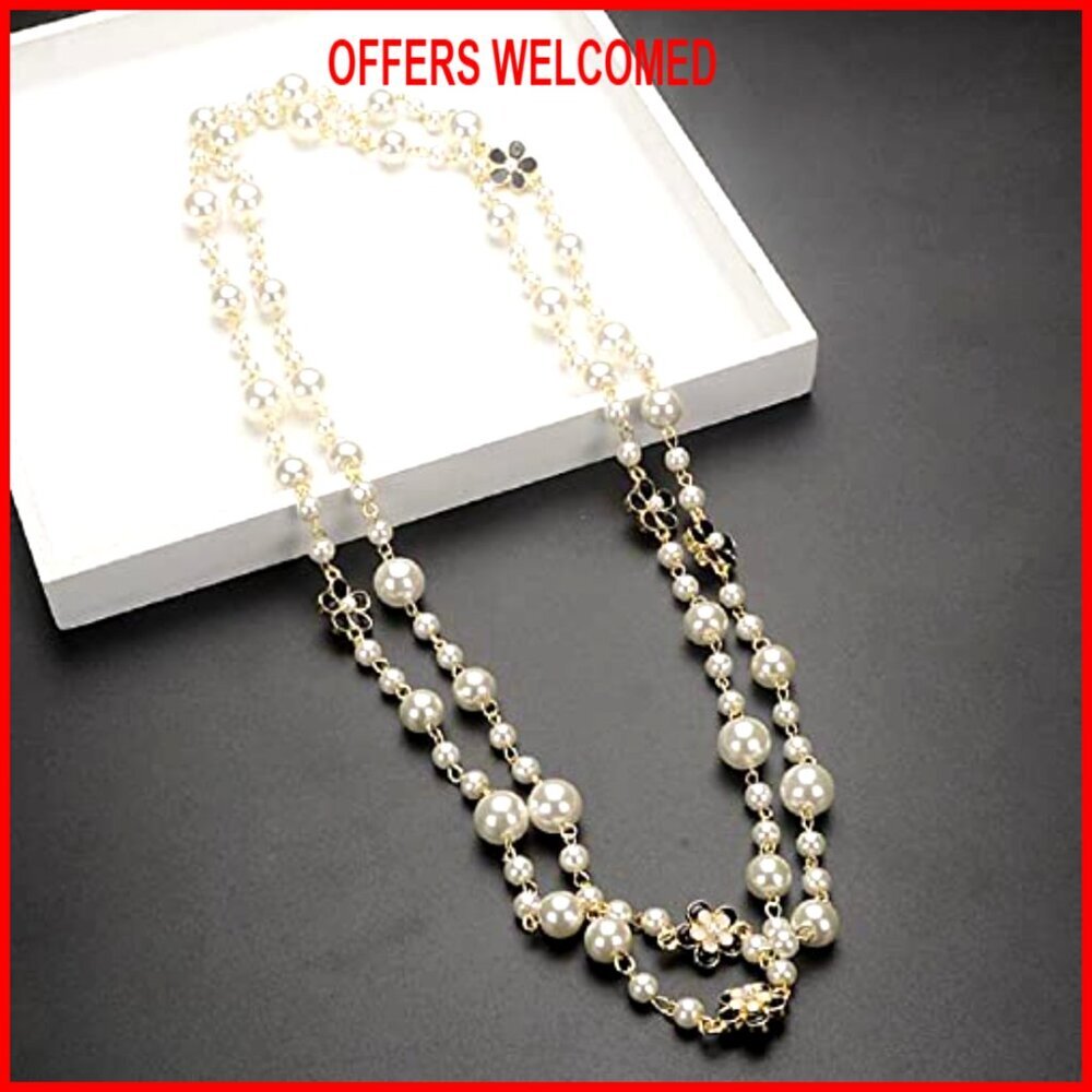 Long Layered Imitation Pearl Necklace with Clover Flower Charm, Adjustable - Picture 2 of 6